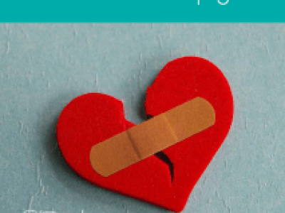 a green leaflet with a red broken heart held together by a plaster