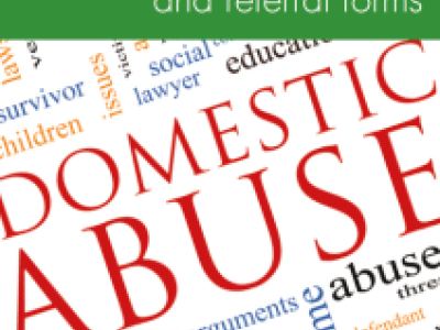 Green cover with a white section in the middle with a word cloud of words connected to domestic abuse